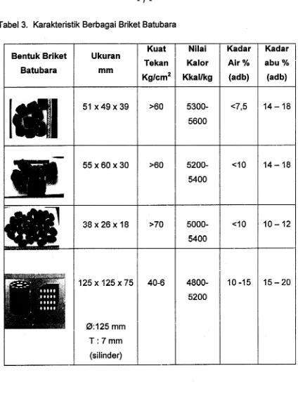 Tabel 3. Karakteristik Berbagai Briket Batubara 