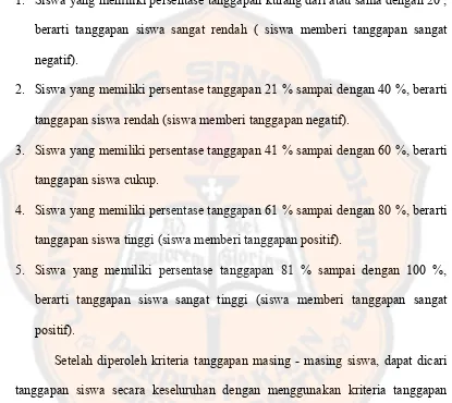 Tabel 3. 8 : Tabel Kriteria Tanggapan Siswa Secara Keseluruhan 