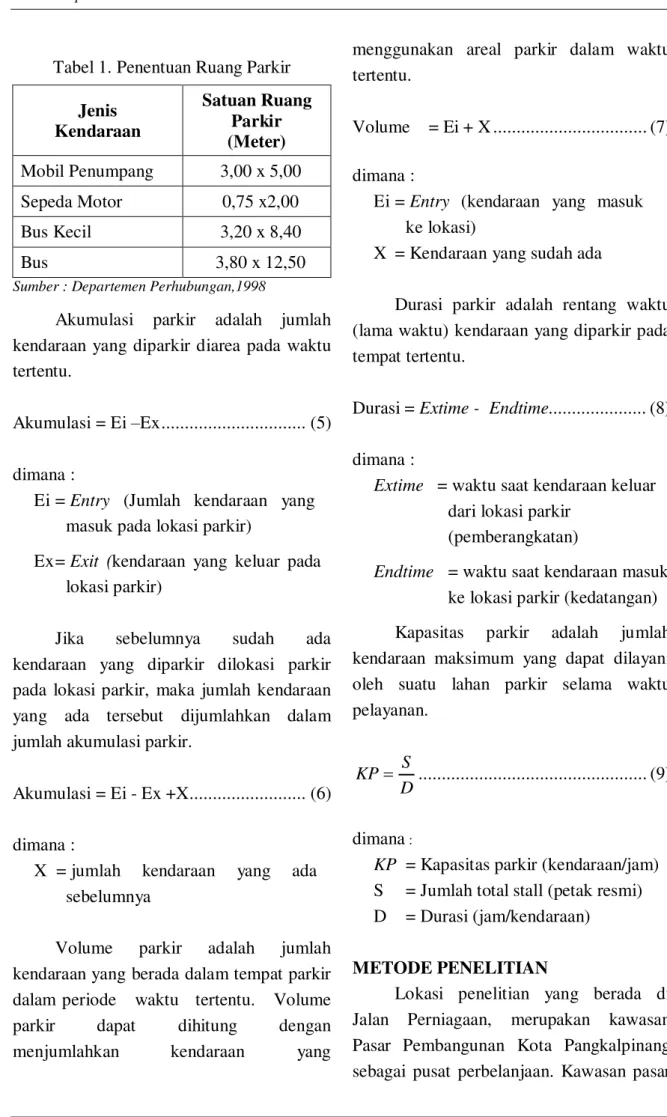 Tabel 1. Penentuan Ruang Parkir  Jenis  Kendaraan  Satuan Ruang Parkir  (Meter)  Mobil Penumpang  3,00 x 5,00  Sepeda Motor  0,75 x2,00  Bus Kecil  3,20 x 8,40  Bus  3,80 x 12,50 