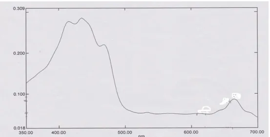 Gambar 6. Spektrogram pigmen klorofil dalam petrolium eter yang diberikan senyawa  merkuri klorida (HgCl 2 ) dengan konsentrasi 1 ppm  