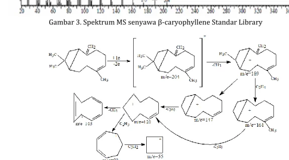 Gambar 2. Spektrum MS senyawa β-caryophyllene Fraksi III Kulit Batang S. koetjape 