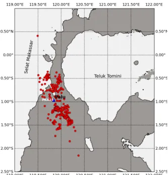 Gambar 2. Lokasi stasiun seismik PKA29 (segitiga warna biru) dan sebaran 357 episenter gempabumi lokal