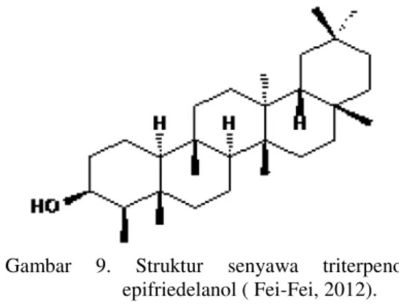 Gambar  9.  Struktur  senyawa  triterpenoid  epifriedelanol ( Fei-Fei, 2012).  Penelitian  lain  mengenai  uji  aktivitas  antioksidan  dengan  menggunakan  metode  DPPH  pada  pelarut  yang  berbeda  tingkat  kepolarannya  juga  telah  dilakukan