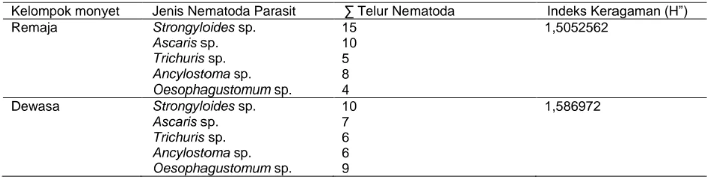 Tabel 2.   Prevalensi Monyet ekor panjang (Macaca fascicularis) yang terinfeksi Nematoda Parasit usus di  Kawasan Wisata Desa Cikakak Kabupaten Banyumas.