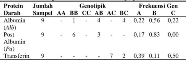 Tabel 1. Penyebaran  genotipik  dan  frekuensi  gen  lokus protein darah itik Pegagan 