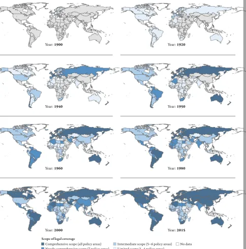 Figure 1.1  Towards comprehensive social security systems: Number of policy areas covered in social protection Year: 1900                                                                                                                                Year: 1920programmes anchored in national legislation, 1900–2015Year: 1900                                                                                                                                Year: 1920