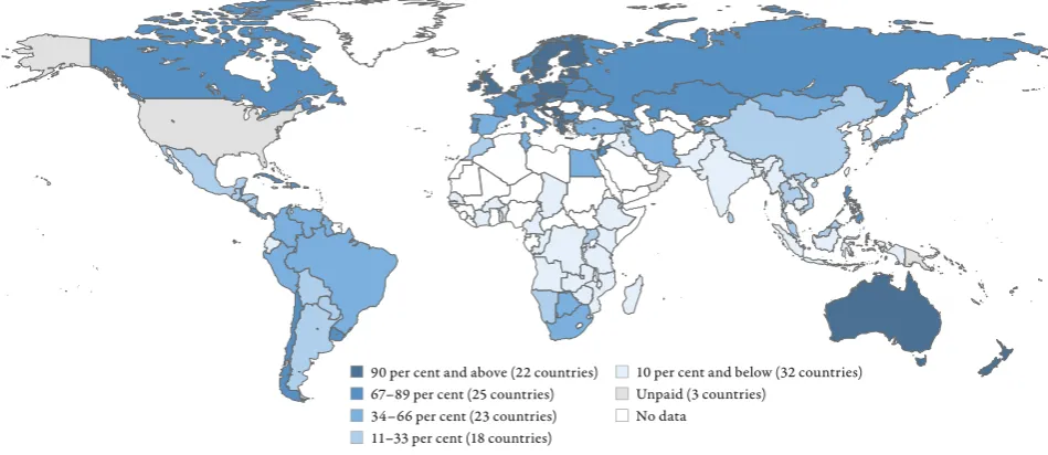Figure 3.5  SDG indicator 1.3.1 on effective coverage for mothers with newborns: Percentage of womengiving birth receiving maternity cash beneits, by region, 2015 or latest available year