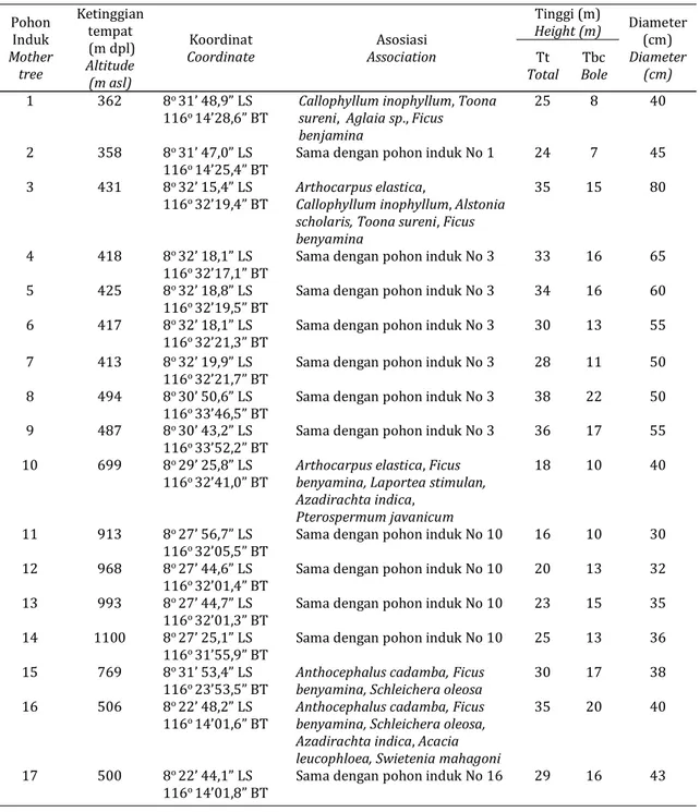 Tabel 1. Data pohon induk yang digunakan dalam penelitian Table 1. Data of mother trees included in the research