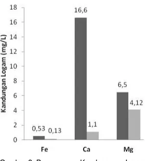 Gambar 3. Penurunan  Kandungan  Logam  Berat  Fe,  Ca  dan  Mg  pada  Limbah  Sebelum  dan  Sesudah  Diolah 