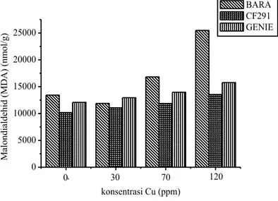 Gambar  4.4  Grafik  Kandungan  MDA  pada  Daun  Tanaman  C.  frustescens yang Tercekam Logam Berat Tembaga (Cu)