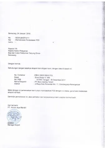 Gambar 4.5 Surat Permohonan Pembatalan PEB Sumber: PT Arindo Jaya Mandiri 