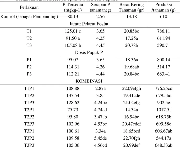 Tabel 1. Rataan  P-Tersedia , Berat Kering Tanaman dan Rataan Produksi Tanaman Kentang   Perlakuan Talaromyces pinophilus dan Dosis Pupuk P 