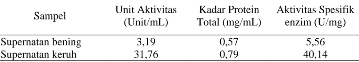 Tabel  1      Data  Hasil  Penentuan  Aktivitas  Amilase,  Kadar  Protein  dan  Aktivitas  Spesifik  Amilase Ekstrak Kasar