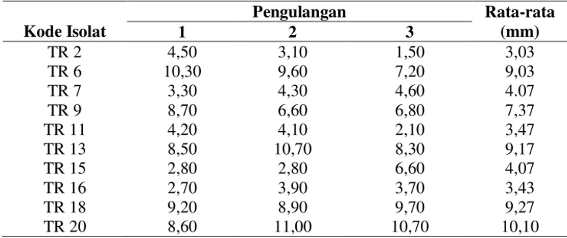 Tabel 1. Aktivitas Enzim Amilase Bakteri Amilolitik  Kode Isolat  Pengulangan  Rata-rata (mm)  1  2  3  TR 2  4,50  3,10  1,50  3,03  TR 6  10,30  9,60  7,20  9,03  TR 7  3,30  4,30  4,60  4.07  TR 9  8,70  6,60  6,80  7,37  TR 11  4,20  4,10  2,10  3,47  
