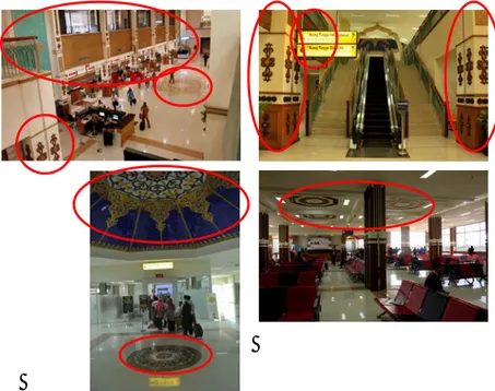 Gambar 1  Aplikasi Ragam Hias Aceh hampir di seluruh ruang interior  Bandara SIM Banda Aceh , Kiri atas – Ruang check-in; Kanan atas – Escalator  menuju area keberangkatan; Kiri bawah - concourse hall; Kanan bawah – Ruang  Tunggu Keberangkatan 