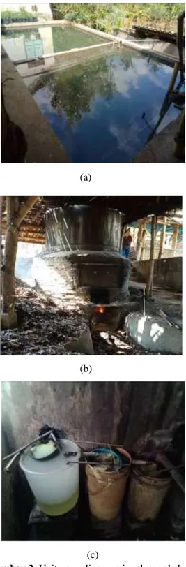 Gambar 2. Unit penyulingan minyak cengkeh (a)  Kolam pendingin (b) Tungku masak (c) Drum 