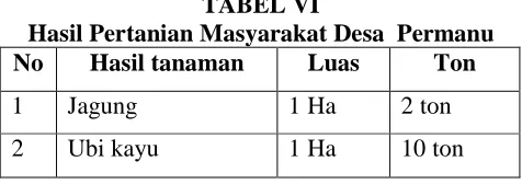 TABEL VI Hasil Pertanian Masyarakat Desa  Permanu 
