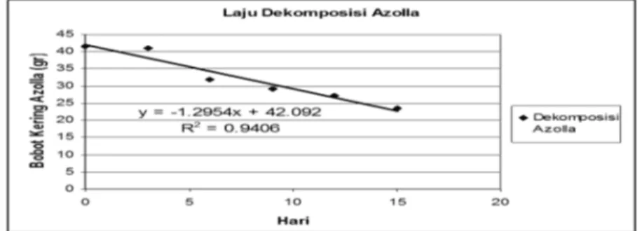 Gambar 1. Waktu dekomposisi azolla (perubahan bobot kering )  Menurut persamaan linier tersebut azolla akan selesai dekomposisi  pada hari ke-32