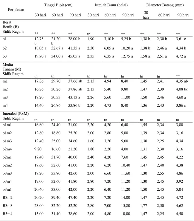 Tabel  1.  Rekapitulasi  Data  Penelitian  Pengaruh  Berat  Benih  Dan  Media  Tanam  Terhadap  Pertumbuhan  Vegetatif  Bibit Durian (Durio zibethinus Murr) 