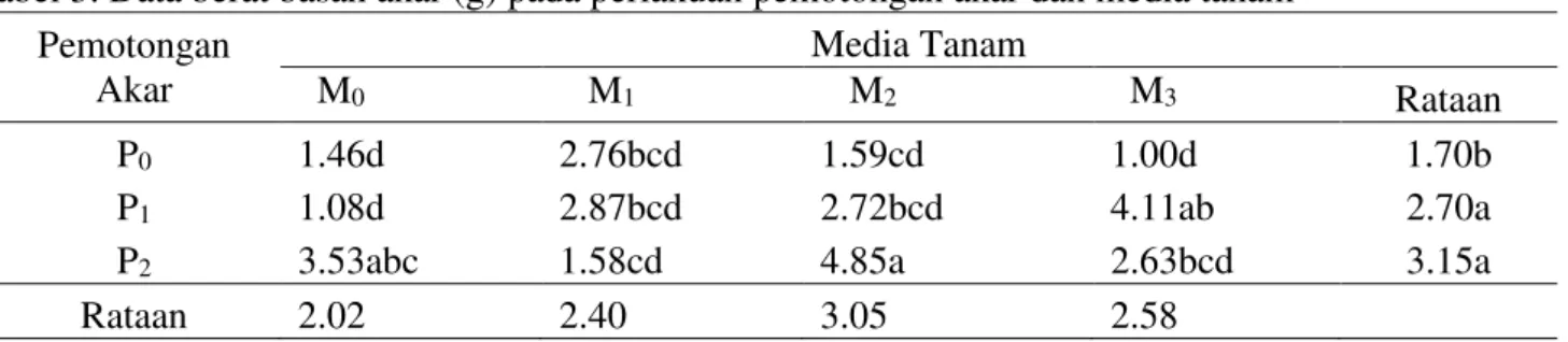 Tabel 3. Data berat basah akar (g) pada perlakuan pemotongan akar dan media tanam  Pemotongan  Akar  Media Tanam     M 0       M 1       M 2      M 3    Rataan  P 0 1.46d  2.76bcd  1.59cd  1.00d  1.70b  P 1 1.08d  2.87bcd  2.72bcd  4.11ab  2.70a 