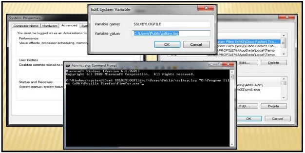 Gambar 3 memperlihatkan langkah-langkah mengatur Environment Variables(Windows 7) yang dimanfaatkan untuk menangkap selama proses komunikasi SSL antara  pre-master secrets/master secrets client dan server dibangun