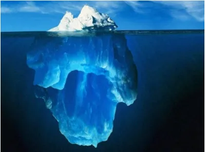 Gambar 1.5: Gunung es di permukaan laut. Yang tersembunyi di bawah permukaan laut ja-uh lebih besar jika dibandingkan dengan yang tampak di atas permukaan