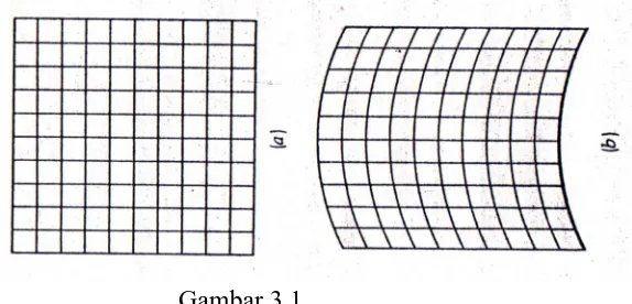 Gambar 3.1  Ruang datar (kiri) dan ruang lengkung dua dimensi (kanan) 