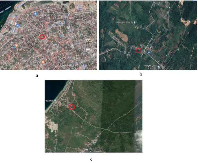 Gambar 1. Peta Lokasi penelitian Pengambilan Sampel Daun Kelor (a) Kelurahan Wameo (b)  Kelurahan Kaisabu Baru (c) Kelurahan Kantalai 