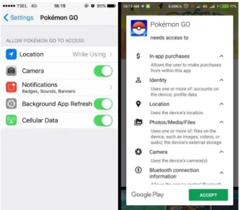 Gambar 9. Hak akses Pokemon GO di iOS dan  Android