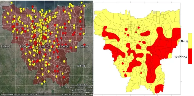Gambar 1. Sebaran lokasi penyelidikan tanah (simbol balon) dan kontur kelas tanah menggunakan  standar SNI-1726-2012 (warna merah mewakili kelas SD, warna kuning mewakili kelas SE) 
