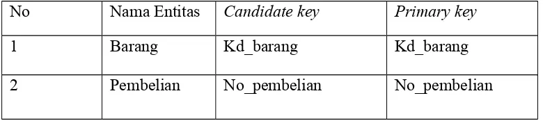 Tabel 3.6 Primary key dan candidate key