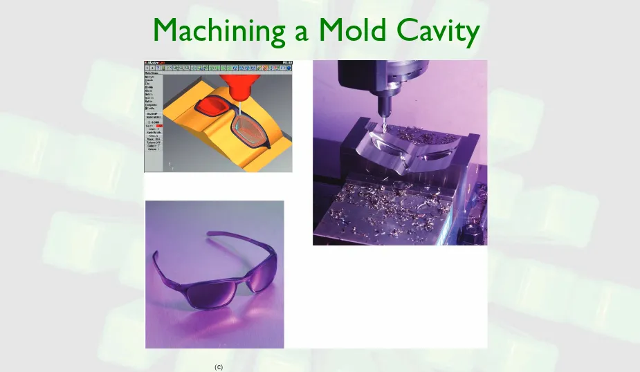 FIGURE 1.8   Machining a mold cavity for making sunglasses. (a) Computer model of the sunglasses as designed and viewed on the monitor