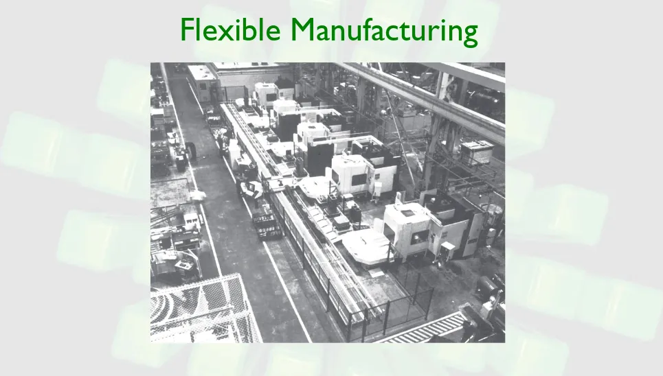 FIGURE 1.9   General view of a ﬂexible manufacturing system, showing several machines (machining centers) and an 