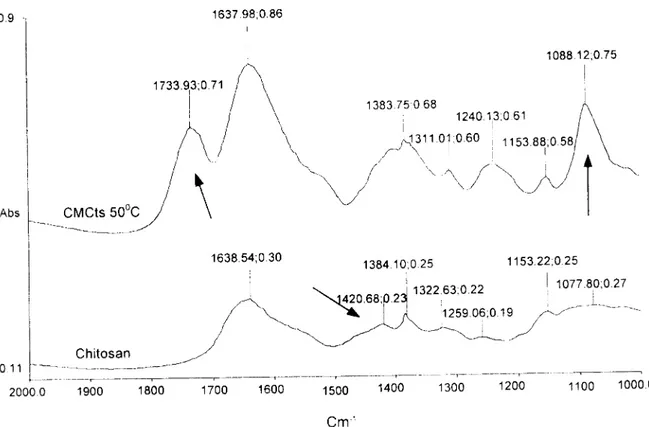 Gambar  3.  Spektrum  FTIR  CMCIs-SO'C  dan  kitosan pembanding Figure  3.  FTIR  spectra  of cMCtS-S1&#34;C  and  chitosan  as  reference