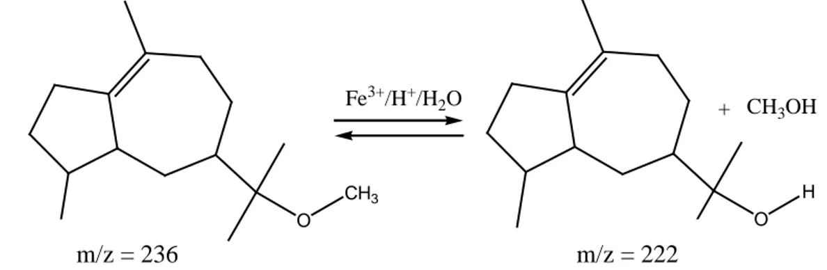 Gambar 7.  Reaksi Kesetimbangan metil δ-guaienil eter dan δ-guaienil alkohol  Adanya kandungan air dan katalis logam yang bereaksi, mengakibatkan terjadinya reaksi  lanjut dari senyawa eter yang membentuk senyawa alkohol