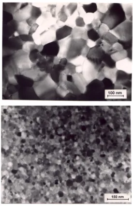 Gambar 3. Foto TEM dari pita alloy hasil teknik melt spinning menunjukkan : a) kristal-kristal berukuran mikrometer dan b) berukuran nanometer.