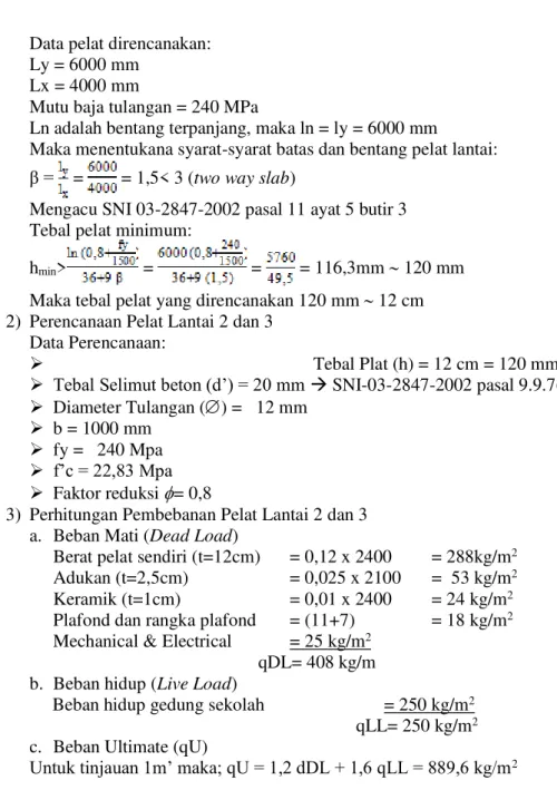 Tabel 2. Rekapitulasi Perhitungan Momen Pelat Lantai 2 dan 3  Tipe Pelat  Ly/Lx (m)  Mlx (kgm)  Mly(kgm)  Mtx(kgm)  Mty(kgm) 