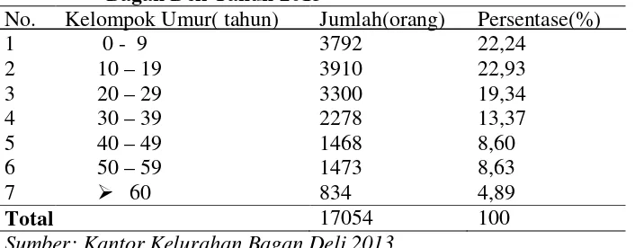 Tabel 4.1 Distribusi Penduduk Menurut Kelompok Umur di Kelurahan Bagan Deli Tahun 2013 