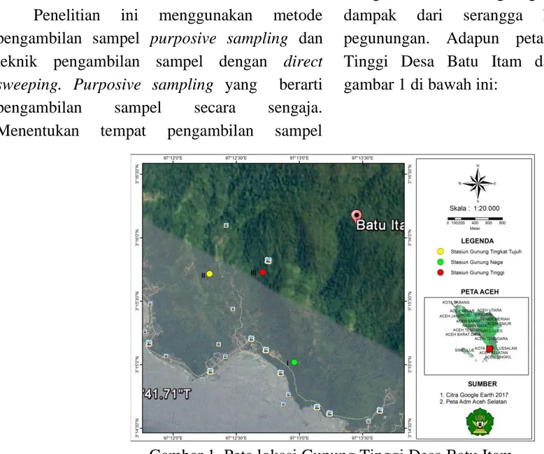 Gambar 1. Peta lokasi Gunung Tinggi Desa Batu Itam.  Adapun alat dan bahan penelitian dapat dilihat pada Table 1 di bawah ini:  Tabel 1