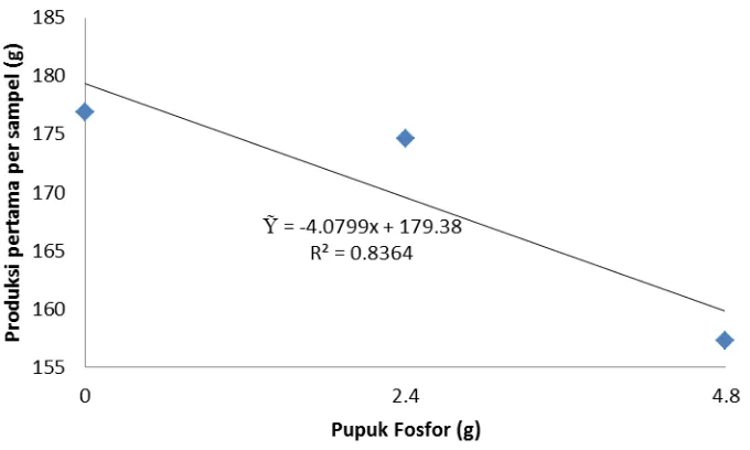 Gambar 4. Hubungan pupk fosfor terhadap produksi pertama pe  sampel (g) 