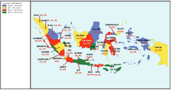 Gambar 3. Peta Tanah Wakaf Bersertiikat Seluruh Indonesia, 2015(persen)