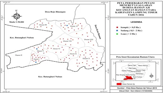 Gambar  2  :  Peta  Persebaran  Petani  Sayuran  Menurut  Luas  Lahan  di  Desa  Raman  Aji  Kecamatan  Raman Utara Kabupaten Lampung Timur Tahun 2016 