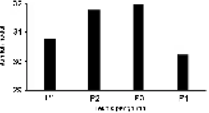 Gambar 4.  Rata-rata klorofil daun relatif dan nitrogen daun pada  berbagai  teknik  pengairan;  P1  =  pengairan  seluruh  daerah akar volume 4 L m -2 ; P2 = pengairan separuh  daerah akar berselang volume 4 L m -2 ; P3 = pengairan    separuh   daerah   a