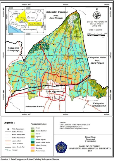 Gambar  1,  Gambar  2,  dan  Gambar  3  berikut  merupakan  peta  penggunaan  lahan  existing  Kabupaten  Sleman,  peta  RTRW  tahun  2011-2031,  dan  peta  evaluasi  kesesuaian penggunaan lahan existing terhadap RTRW