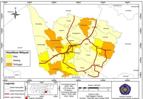 Gambar 1. Peta Tingkat Perkembangan Wilayah Kecamatan di Kabupaten Klaten  Tahun 2005 - 2015 