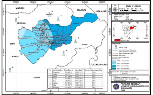 Gambar 3. Peta Lokasi Stasiun Hujan dan Sebaran Curah Hujan Kecamatan  Pulung Kabupaten Ponorogo 