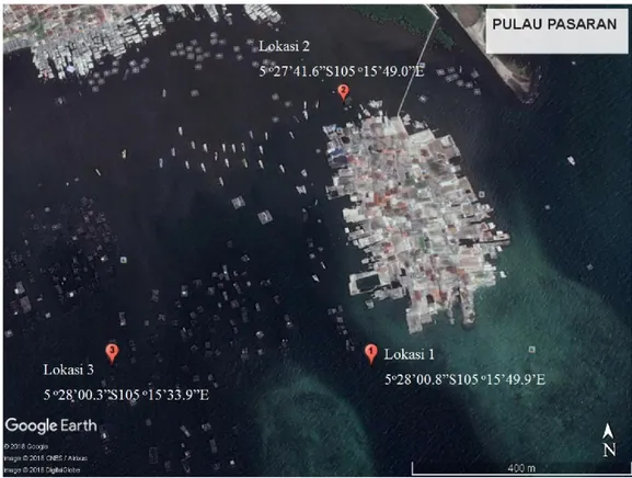 Gambar 1. Lokasi pengambilan sampel di Pulau Pasaran (Sumber: Google Earth) 