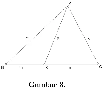 Dengan menggunakan aturan cosinus pada segitigaGambar 3. ABX dan ACX, kita per-