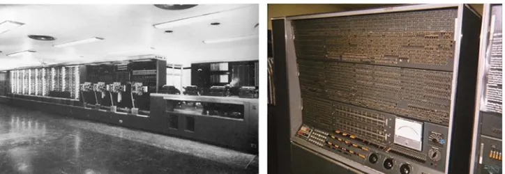 Gambar di bawah ini menunjukkan seorang pekerja di suatu “lorong” Mark I dan gambar dari salah satu empat paper tape readers Mark I