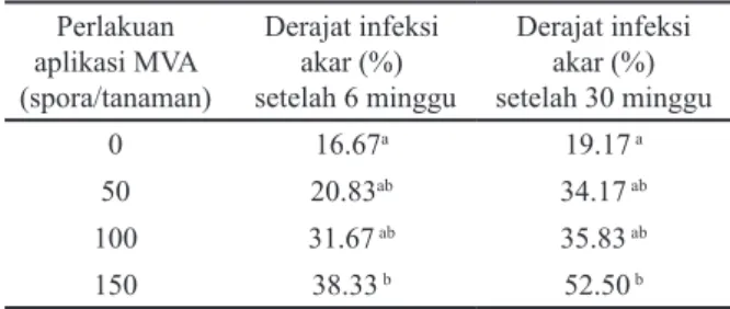 Tabel 1. Rata-rata derajat infeksi akar akibat pemberian  MVA